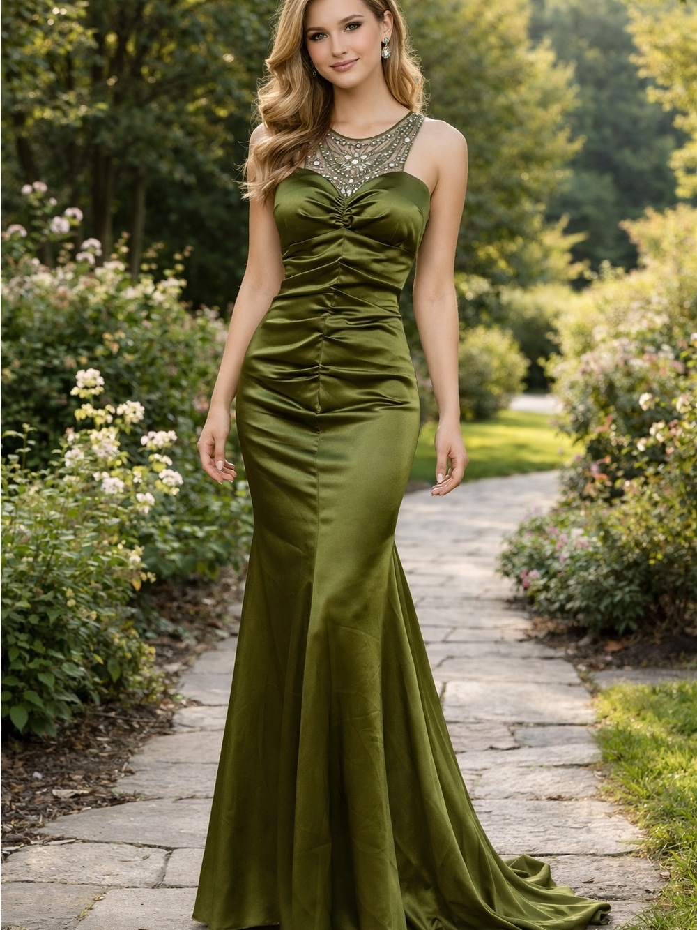 Embellished Illusion Olive Green Satin Maxi Dress